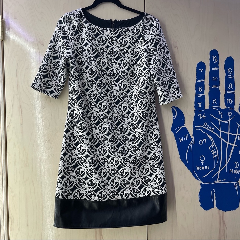 Adrianna Papell Dress Black and White Vegan Leather Cocktail MIDI Dress